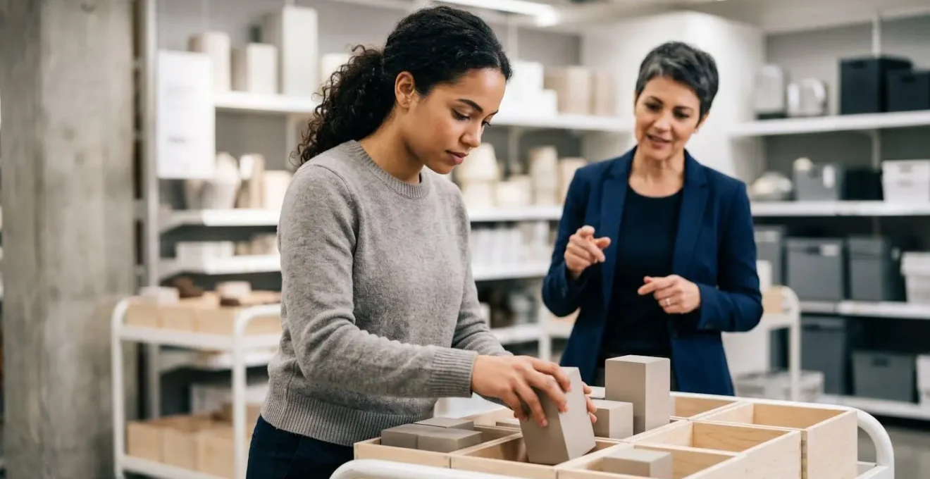 Retail trainee actively performing hands-on tasks under mentor supervision in store environment
