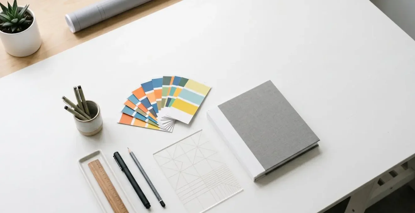 Minimalist workspace showing template-based design system with controlled brand elements