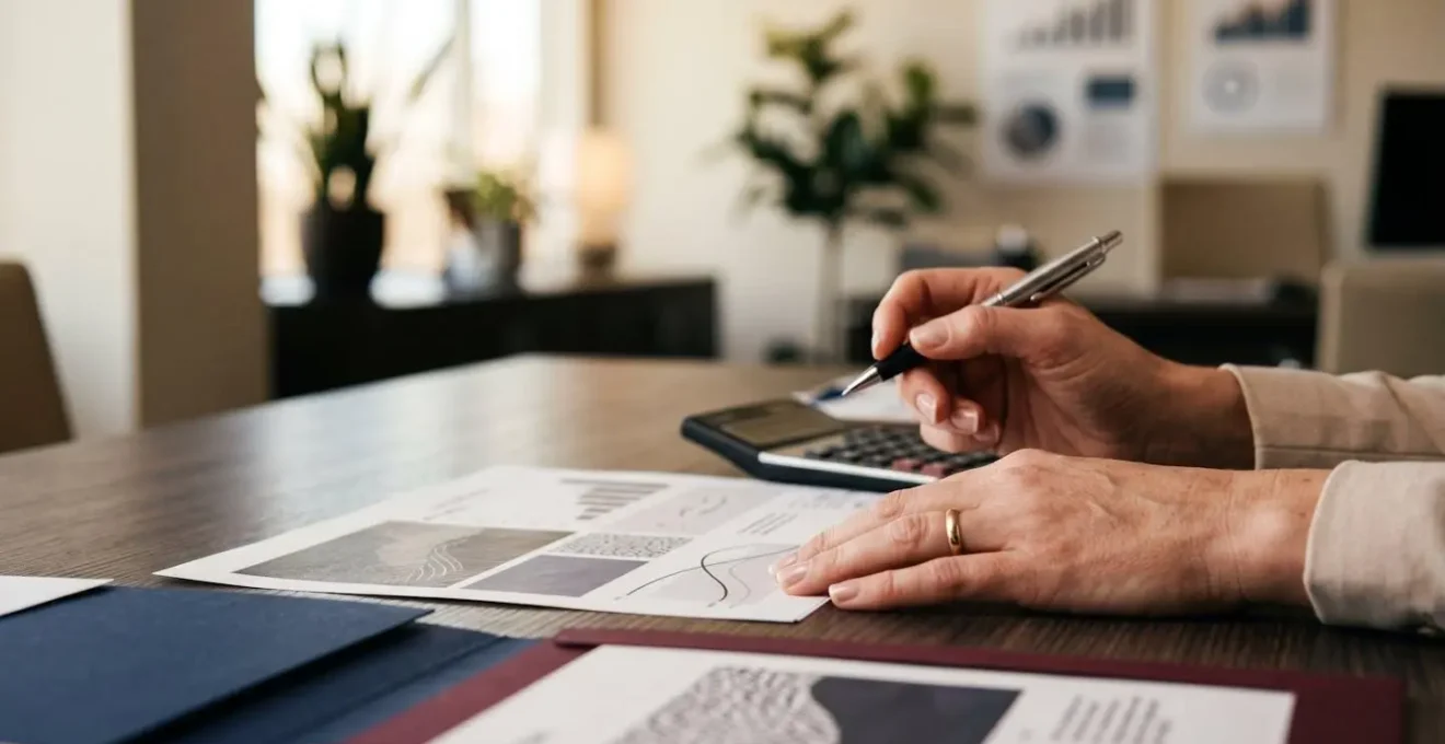 Executive workspace showcasing business planning materials with financial analysis tools and strategic planning documents representing transition from operator to business owner mindset