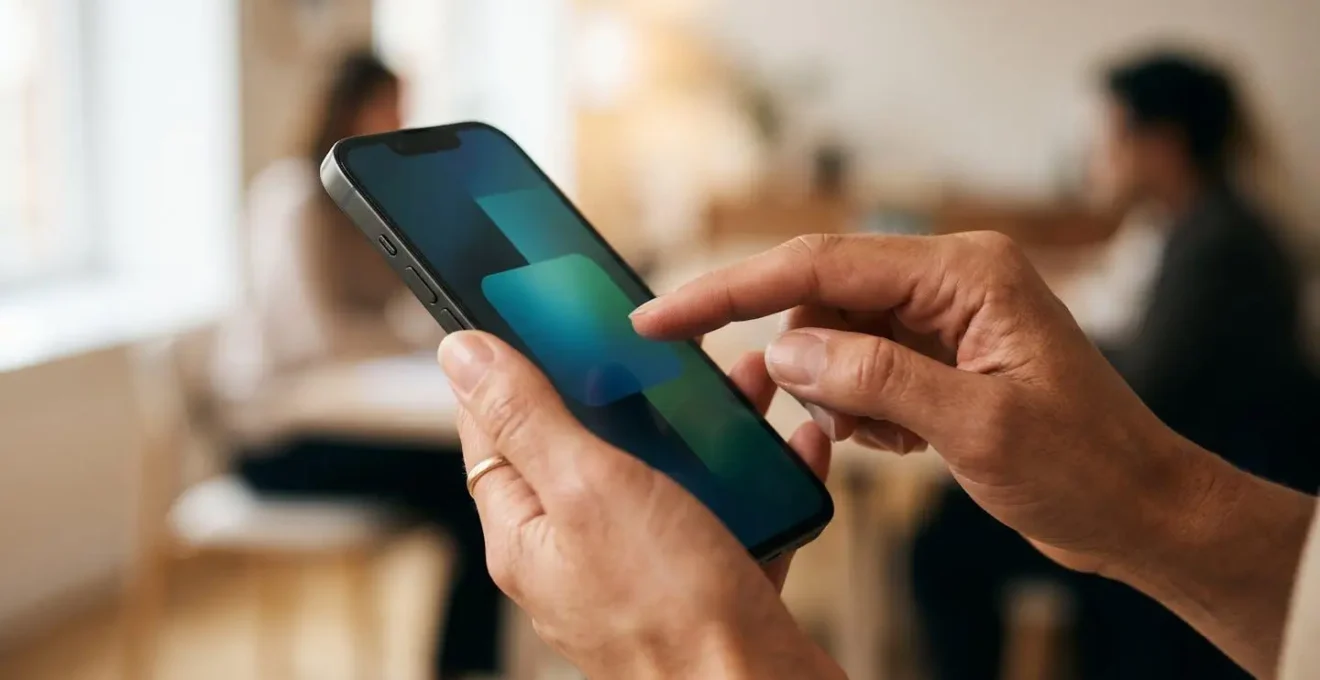 Close-up of hands holding smartphone with finger hovering over call-to-action button on screen