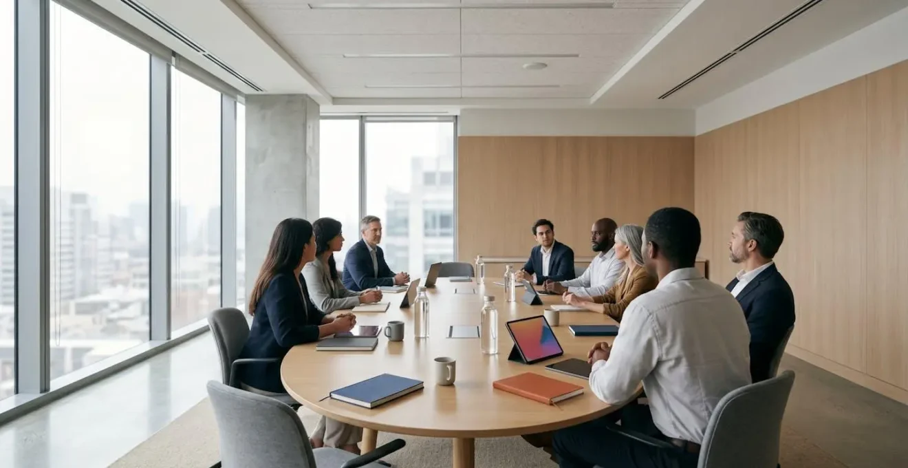 Wide environmental shot of a collaborative franchise advisory council meeting showcasing partnership and transparent communication