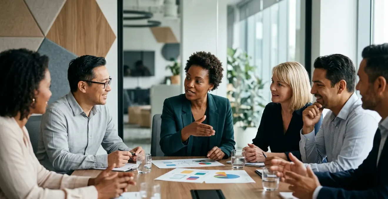 Business professionals engaging in collaborative strategic discussion with transparent governance framework