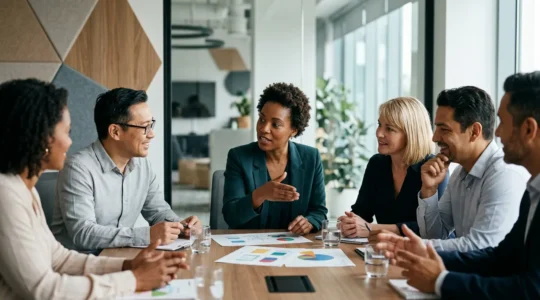 Business professionals engaging in collaborative strategic discussion with transparent governance framework