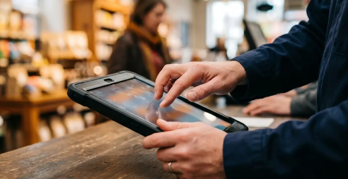 Close-up of hands using tablet device showing customer data dashboard in retail environment