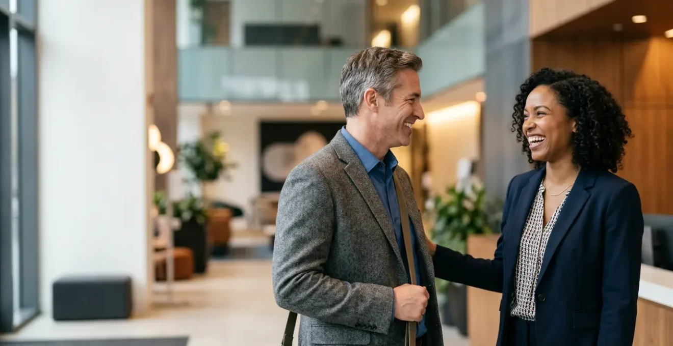 Professional business meeting showing genuine connection between service provider and customer in modern setting