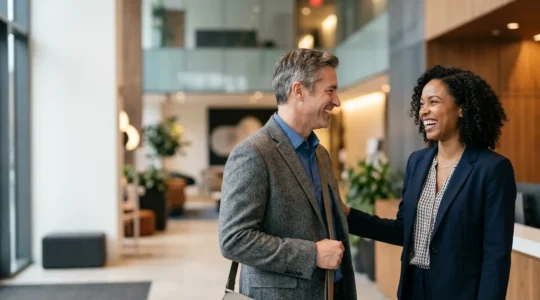 Professional business meeting showing genuine connection between service provider and customer in modern setting