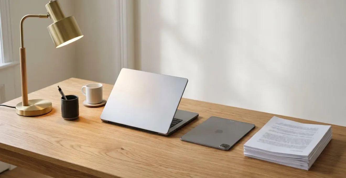 Minimalist workspace showing organized digital franchise documentation workflow