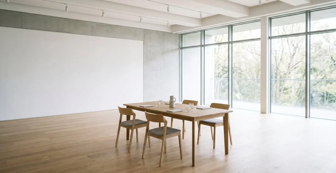 Wide environmental shot showing business workshop space with intentional negative space representing strategic collaboration
