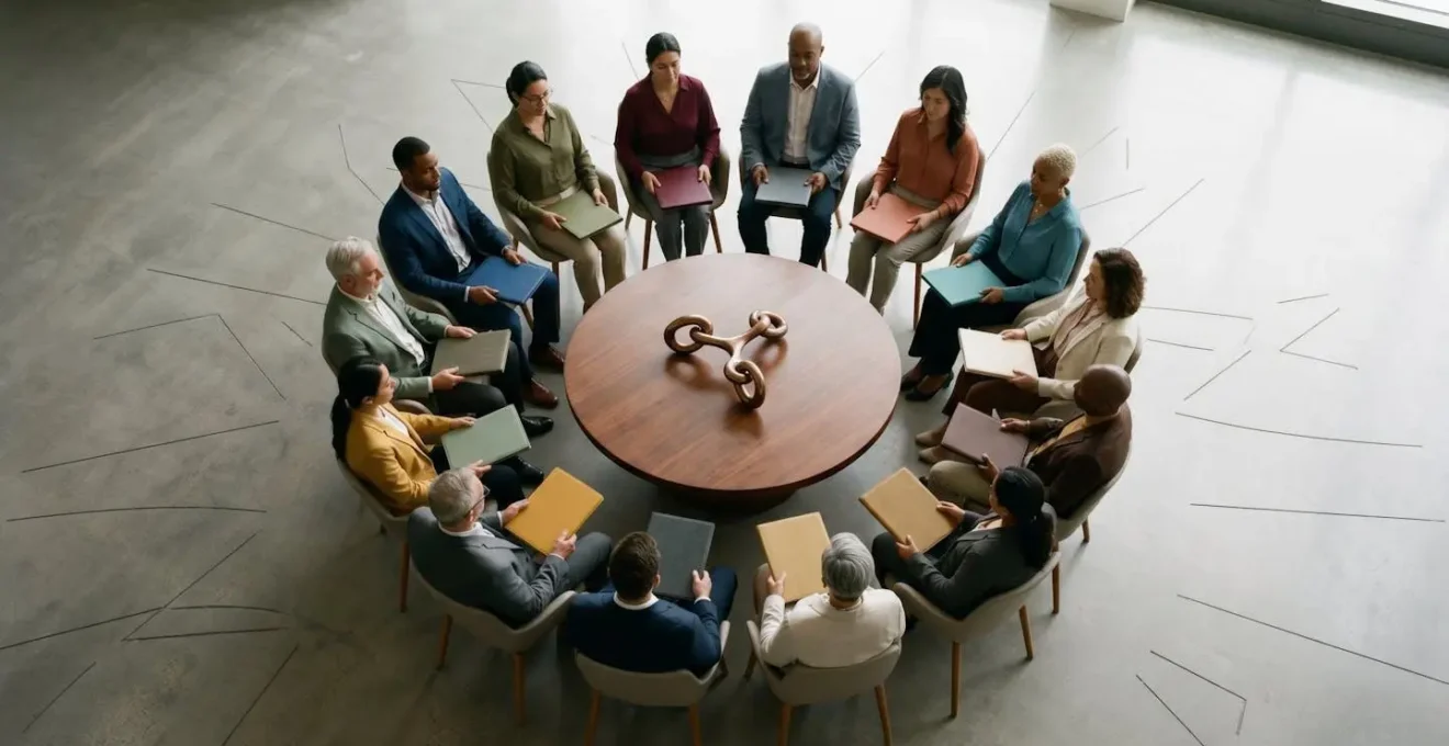 Diverse franchise advisory council members from different backgrounds and regions collaborating around strategic framework