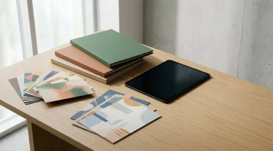 Strategic workspace showing organized franchise marketing materials and communication planning