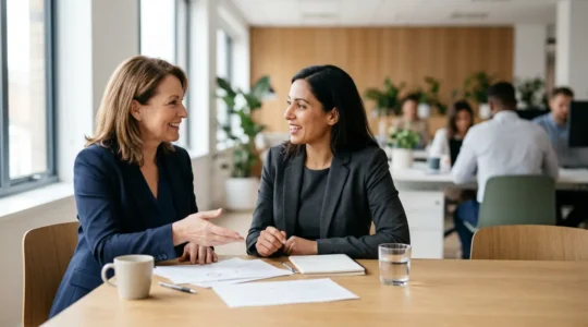 Franchise consultant and franchisee engaged in collaborative strategic planning session