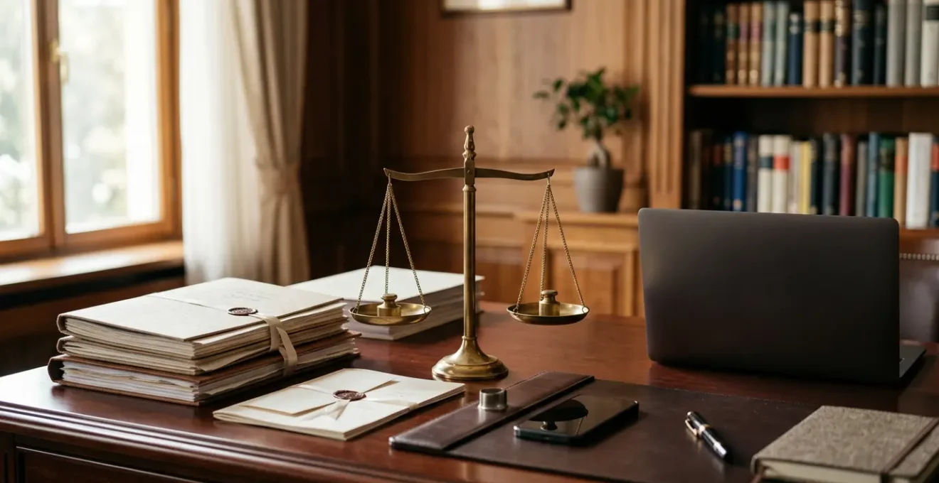 Professional business environment showcasing strategic franchise contract negotiation with balanced scales symbolism