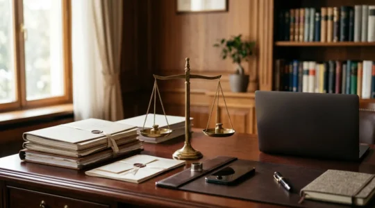 Professional business environment showcasing strategic franchise contract negotiation with balanced scales symbolism