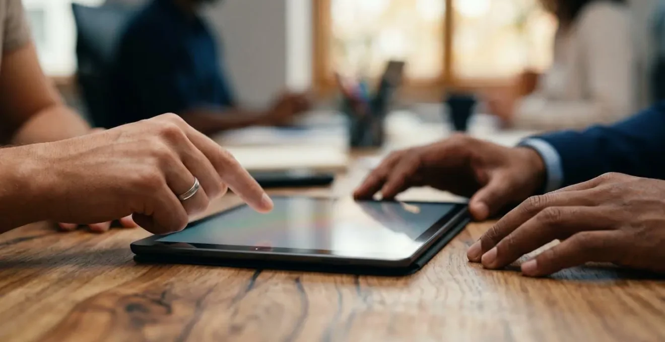Clean workspace showing seamless digital collaboration through integrated franchise management systems
