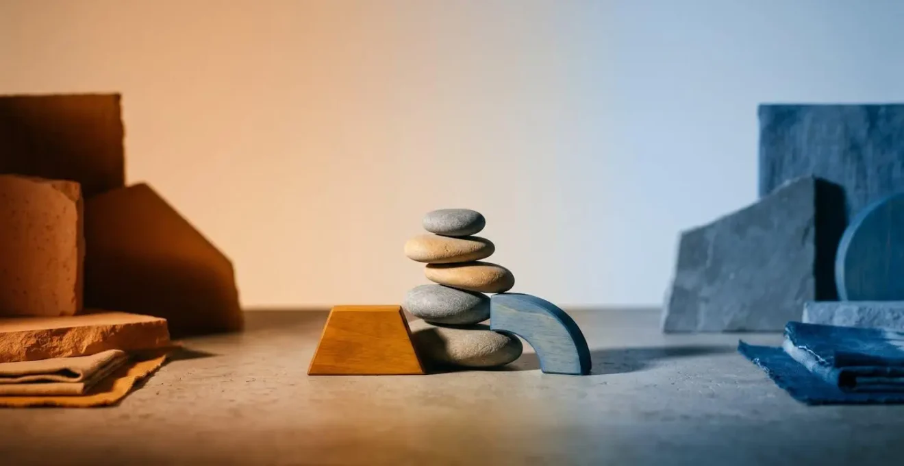 A symbolic representation of two distinct territories meeting at a blended grey zone, with objects suggesting balance and negotiation.