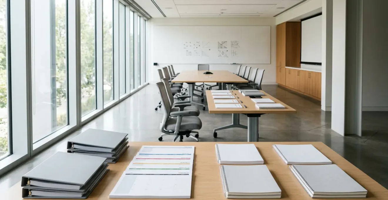 Professional training environment showcasing franchise curriculum planning materials with structured documentation and scheduling frameworks in modern office setting