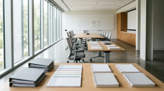 Professional training environment showcasing franchise curriculum planning materials with structured documentation and scheduling frameworks in modern office setting