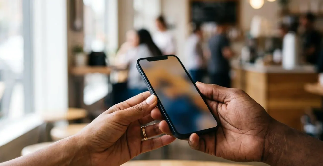Close-up of hands using mobile device for local business search discovery