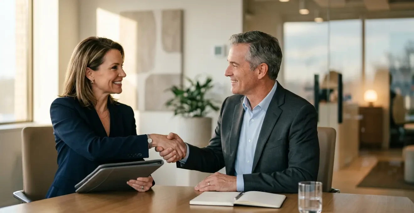 Professional franchise partnership negotiation with strategic documents and collaborative business setting