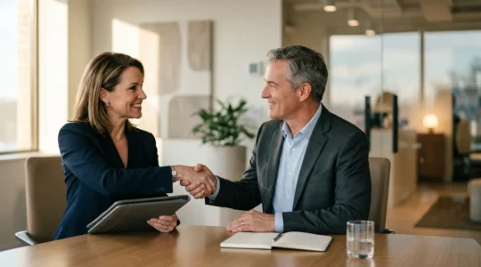 Professional franchise partnership negotiation with strategic documents and collaborative business setting