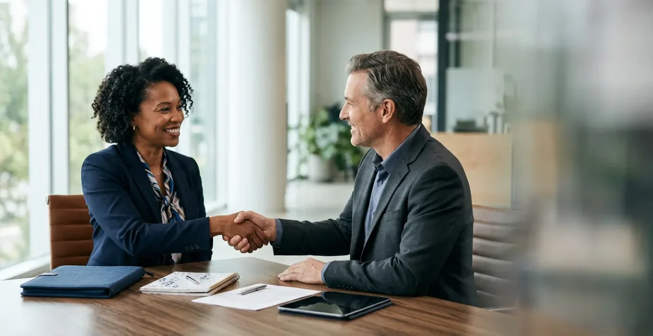Professional meeting scene depicting franchise renewal negotiation between franchisor and successful franchisee in modern office environment