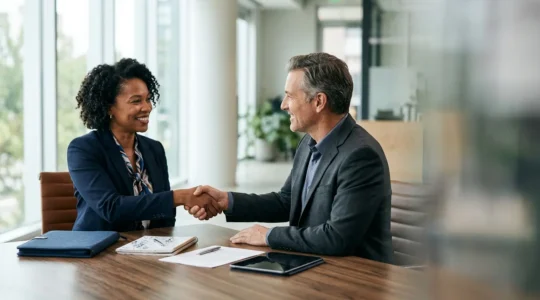 Professional meeting scene depicting franchise renewal negotiation between franchisor and successful franchisee in modern office environment