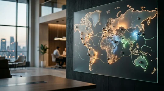 Business strategist examining territory mapping visualization with growth opportunity zones