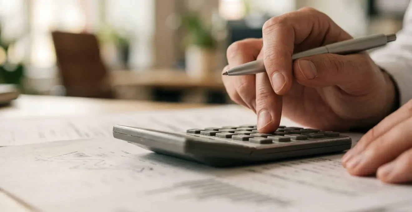 Close-up of hands working with financial planning tools and calculators on a clean desk