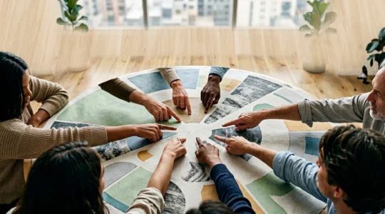 Strategic collaborative business decision-making environment with diverse professionals engaged in productive dialogue