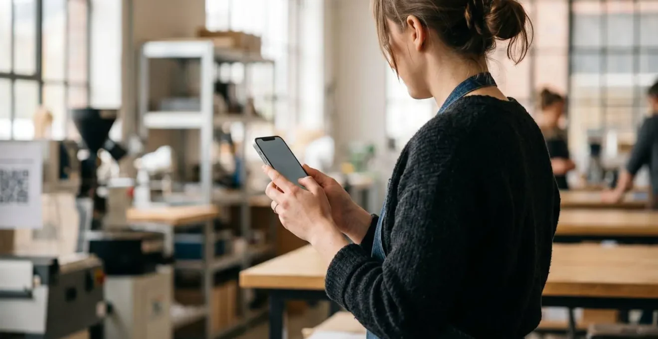 Employee using mobile device for instant microlearning access in workplace setting