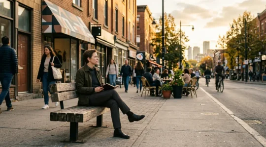 Entrepreneur conducting urban field research and observing local business environment