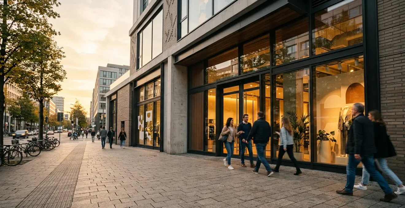 Local business storefront with modern digital and traditional marketing elements showing customer flow