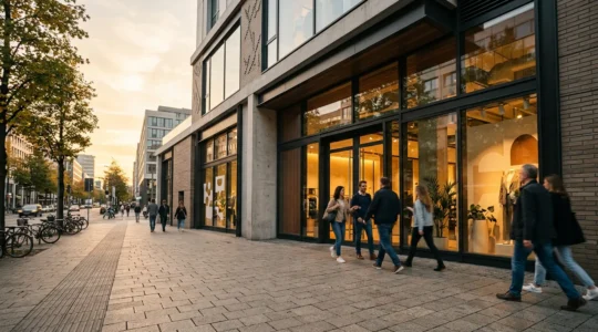 Local business storefront with modern digital and traditional marketing elements showing customer flow
