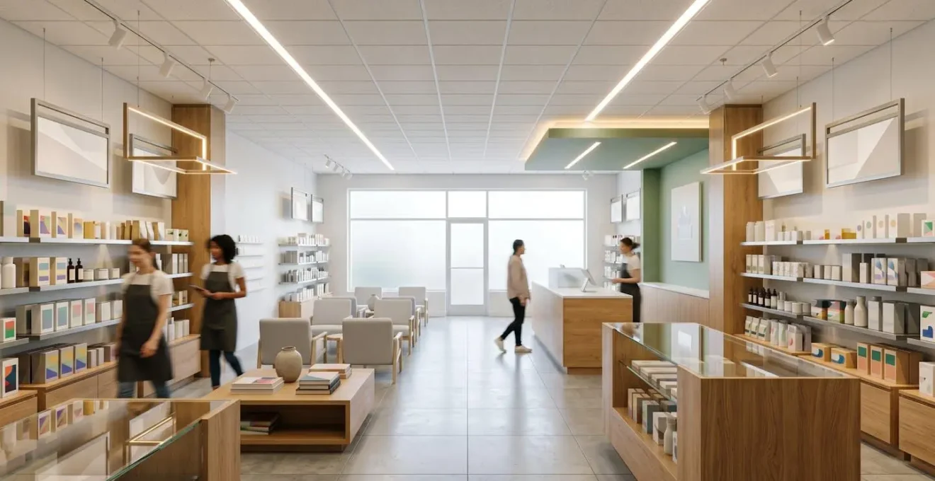 Split composition showing franchise retail space transformation with modern design elements and improved customer flow