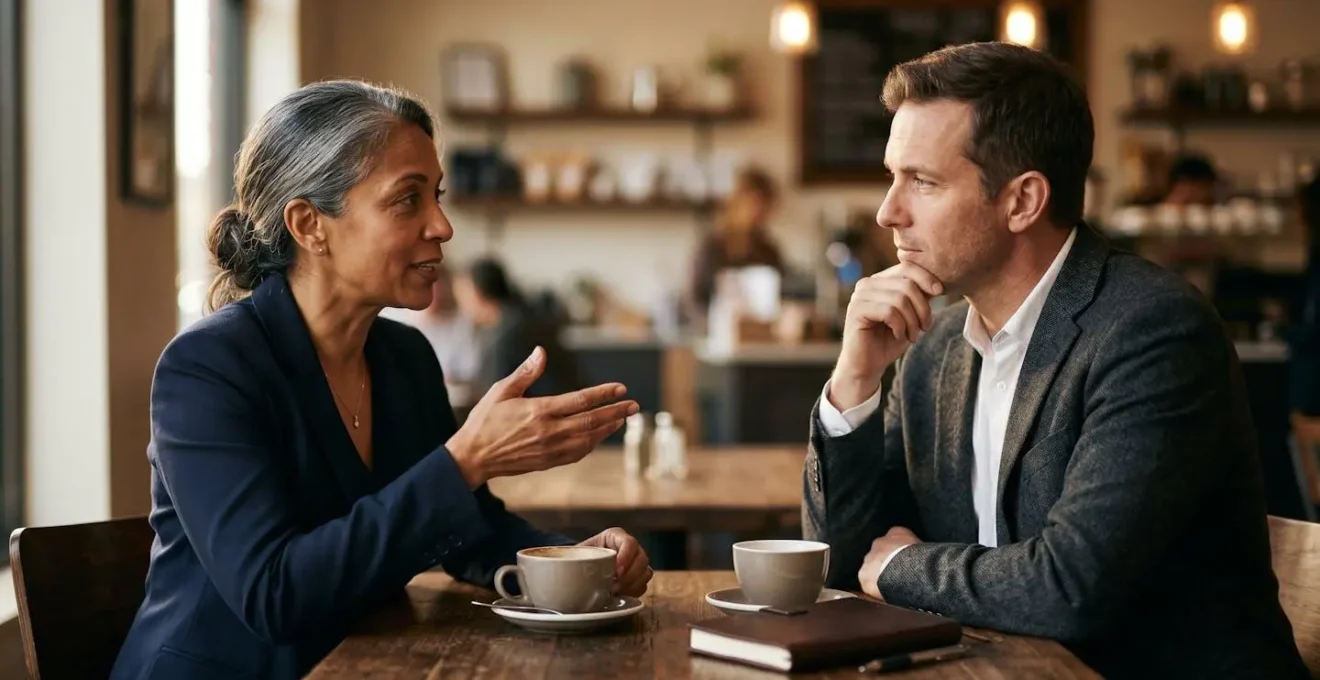 Two franchise owners engaged in peer-to-peer mentorship conversation sharing business insights
