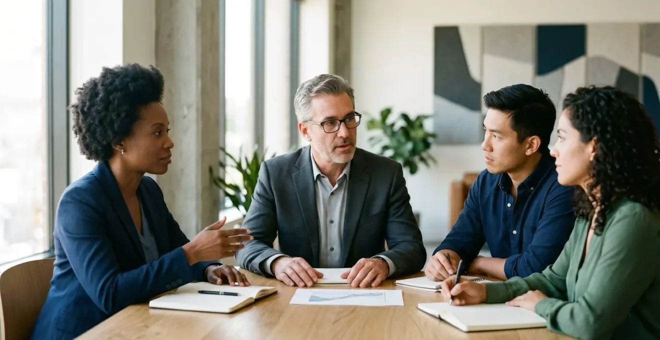 Small group of business leaders engaged in intimate strategic discussion around a minimal table