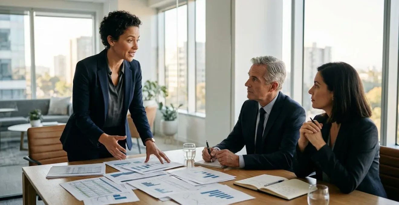 Business founder presenting validated financial data and pilot unit metrics to potential investors in professional setting