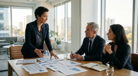 Business founder presenting validated financial data and pilot unit metrics to potential investors in professional setting