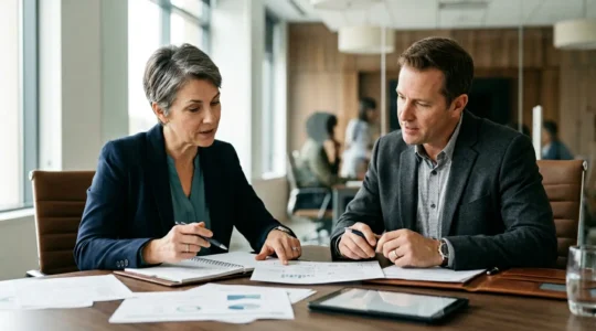 Professional business consultation scene showing franchise revitalization strategy discussion