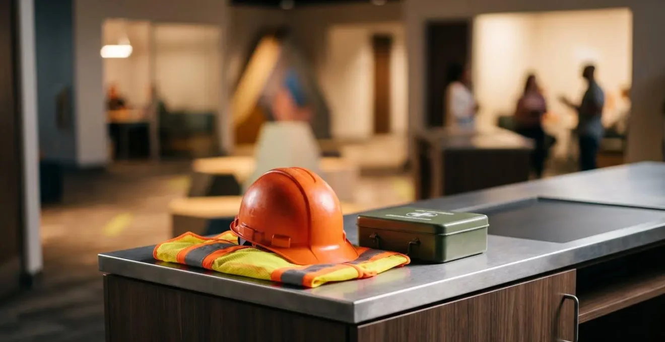 Immersive safety training simulation environment with interactive digital learning station and hands-on practice setup demonstrating modern gamified approach to regulatory compliance education