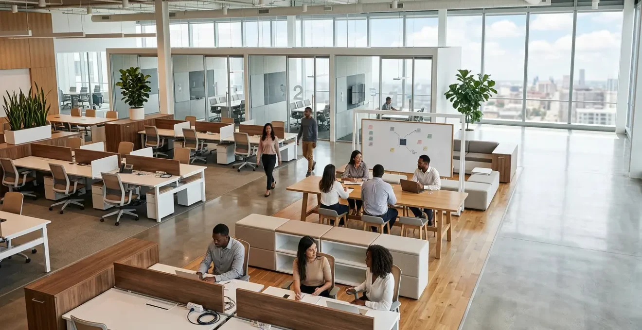 Modern collaborative headquarters workspace demonstrating franchise infrastructure growth and team expansion