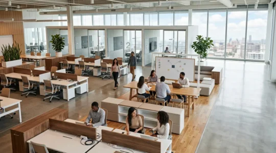 Modern collaborative headquarters workspace demonstrating franchise infrastructure growth and team expansion