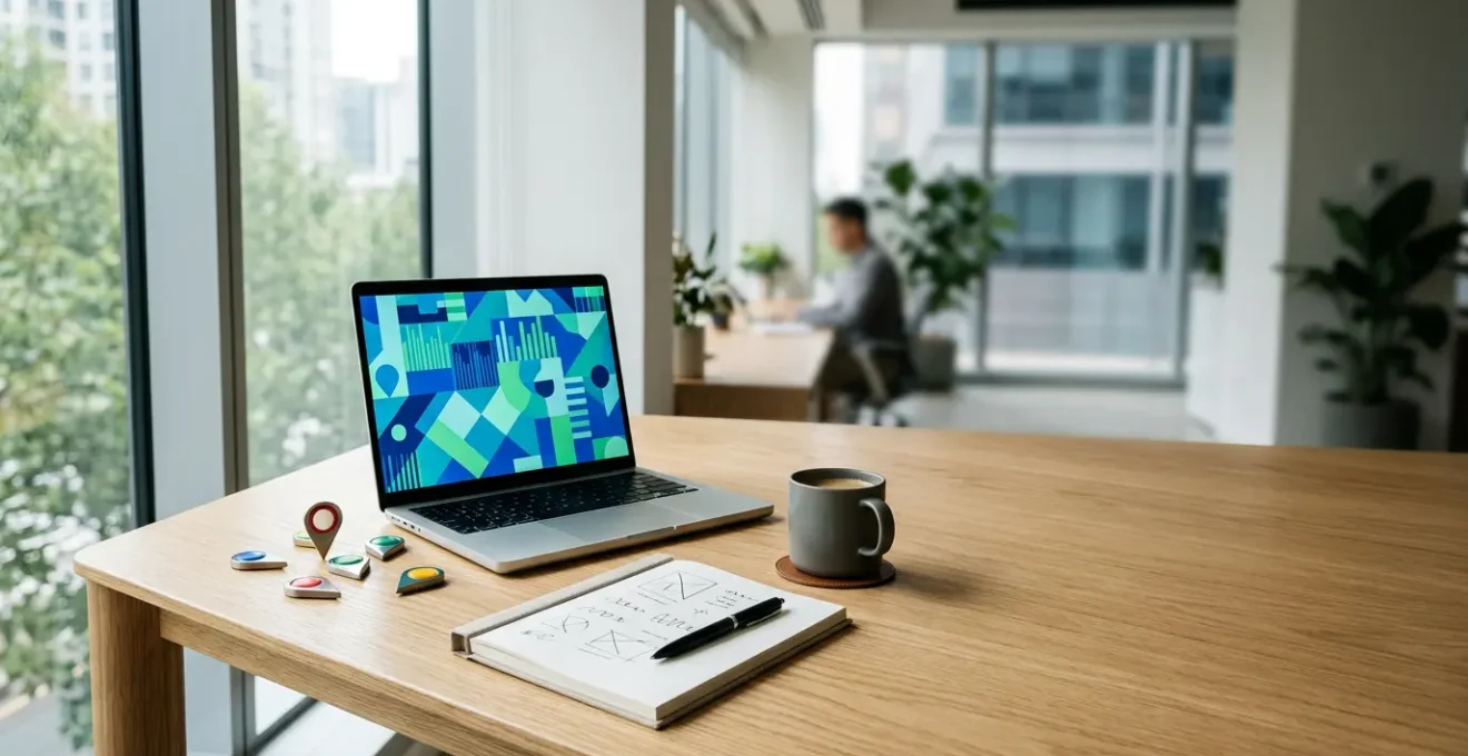 Professional business analytics workspace showing local SEO strategy with digital map interface and performance metrics