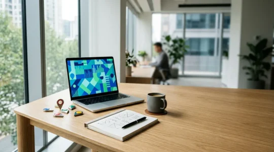 Professional business analytics workspace showing local SEO strategy with digital map interface and performance metrics