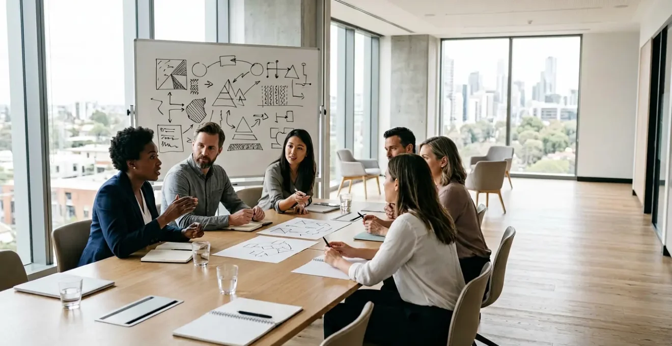 Strategic planning session showing business professionals collaborating around a comprehensive roadmap