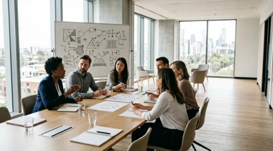 Strategic planning session showing business professionals collaborating around a comprehensive roadmap