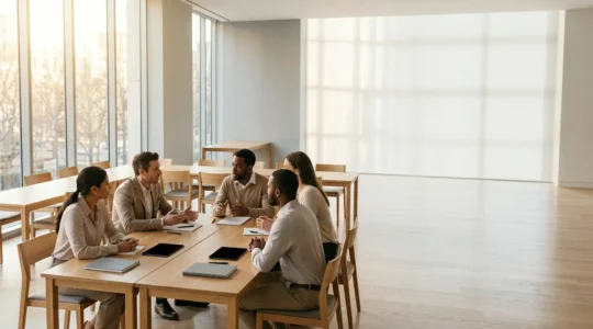 Professional training environment showing collaborative learning with clear systematic framework implementation