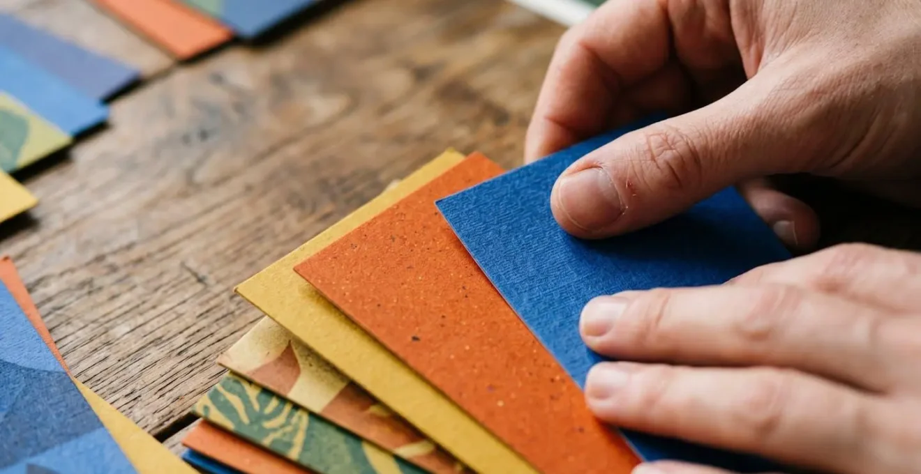 Hands organizing and sorting printed materials with precise attention to detail in natural lighting