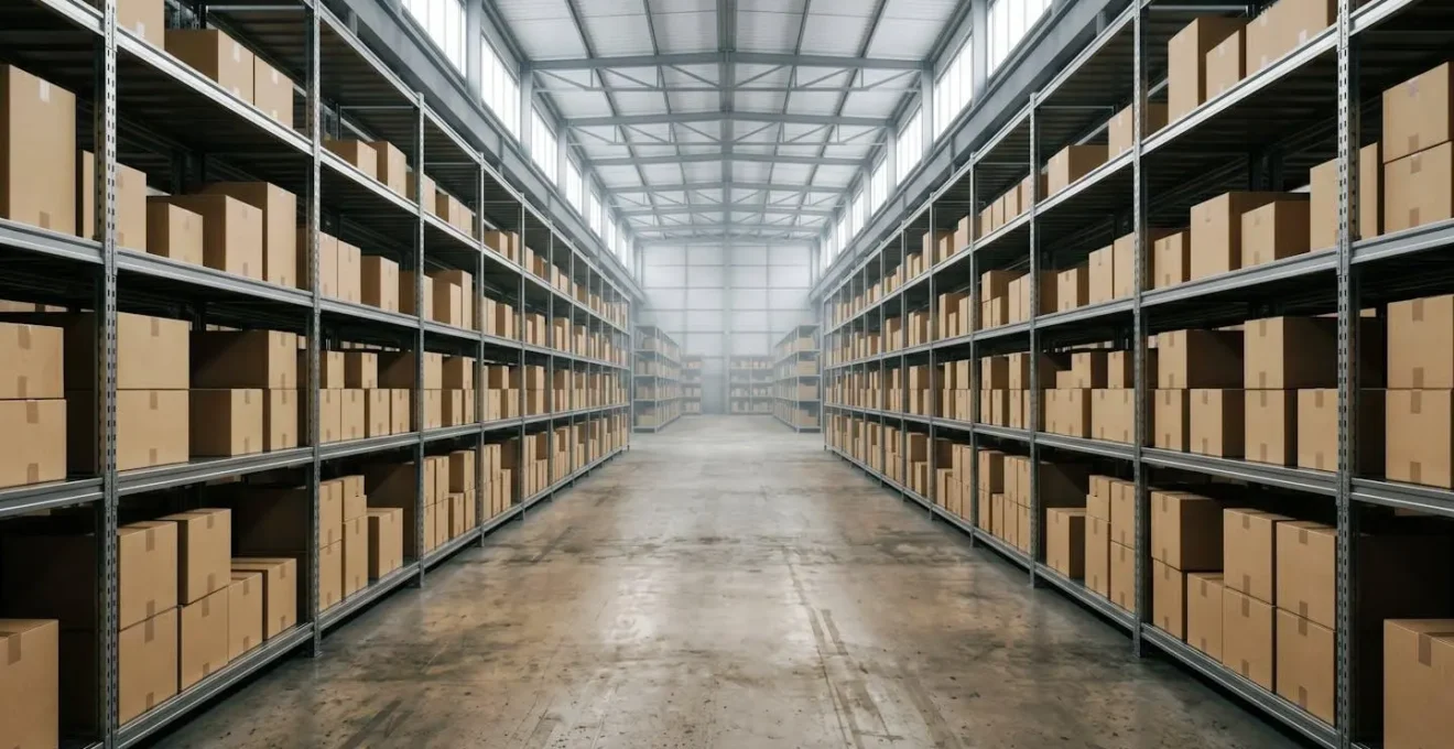 Wide minimalist warehouse environment showing spatial organization and inventory flow patterns
